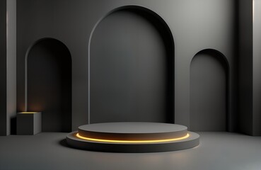 Aufkleber - Empty black podium with geometric gray shapes. Modern stage display. Minimalist mockup for advertising product presentation. Abstract background. Futuristic design element. Showcase space.