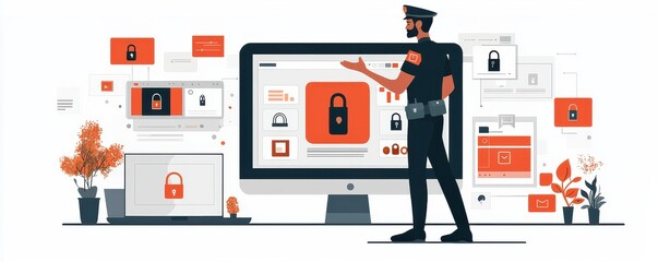 Poster - Illustration of cybersecurity and online protection concepts with a security guard