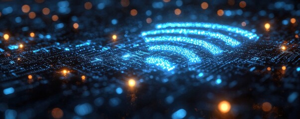 Poster - Digital abstract background depicting a glowing blue Wi-Fi signal symbol