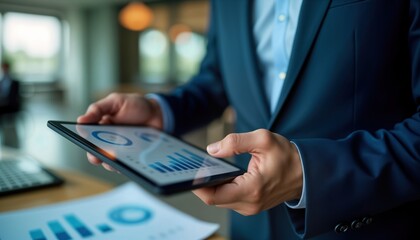 Aufkleber - Businessman in suit examines data on tablet in modern office. Analysis of financial info likely. Tech tools help decision-making in finance. Professional uses tech for strategy. Might plan future