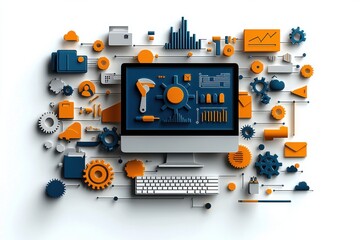 Poster - Innovative technology concept showing gears and computer for cloud productivity