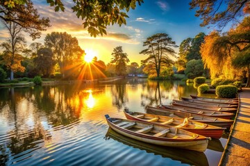 Wall Mural - Tranquil Parisian Evening: Rowboats at Rest, Bois de Vincennes Lake