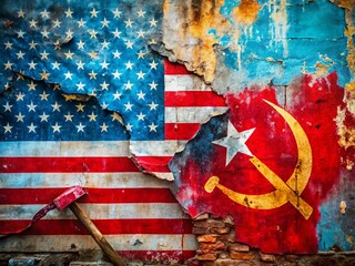 Wall Mural - Urban Decay: USA Flag & Soviet Hammer & Sickle Graffiti Art