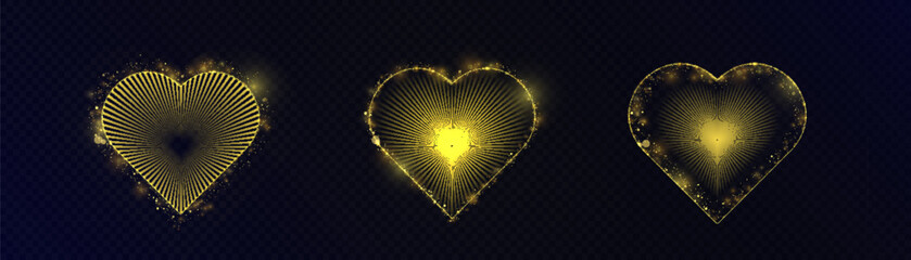 Poster - Set of hearts with bright neon rays illumination on black background for Valentine's Day illustrations and romantic design. Vector