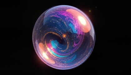 Poster - Holographic iridescent sphere bubble glows with vibrant colors. Design resembles glowing galaxy inside sphere. Round bubble shows swirling patterns. Colorful light, space-like textures. Abstract art