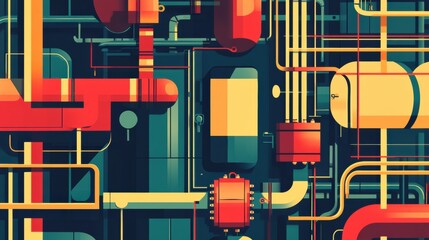 Aufkleber - Geometric industrial pattern depicting oil tanks, pipes, and rigs in a complex arrangement. Generative AI