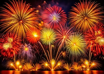 Wall Mural - Vibrant 2023 Fireworks: Red, Yellow, & Orange Long Exposure on Black