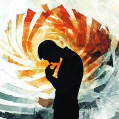 Leinwandbilder - Struggling with inner pain while surrounded by abstract waves and sharp shapes. Generative AI