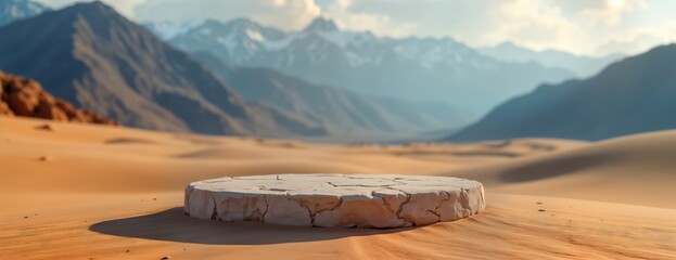 Poster - Desert landscape with large stone dais in middle. Mountain range, sky with light clouds create picturesque view. Round stone platform sits in middle of desert. Scene perfect for product presentation.