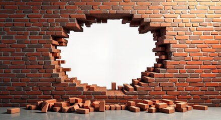 Poster - Damaged brick wall with large opening shows broken structure. Brick blocks scattered on floor. Texture of bricks visible. Image could represent demolition, destruction, overcoming obstacles. Shows