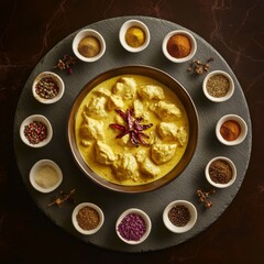 Wall Mural - Indian curry, adorned with fresh cilantro and accompanied by a variety of fragrant spices such as turmeric, red chili flakes, black pepper, mustard seeds, cardamom pods, and cloves.