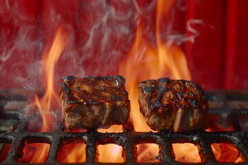 Wall Mural - Flavorful Meat with Herbs Cooked Over a Barbecue Grill. Great for BBQ and Culinary Concepts.