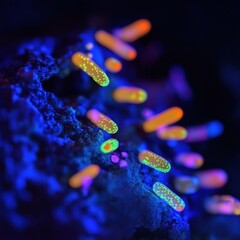 Poster - Glowing bacteria thrive in a dark environment illuminated by ultraviolet light at a marine research facility. Generative AI