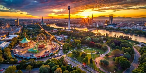 Wall Mural - Vienna Sunset Aerial: Prater Amusement Park & City Skyline