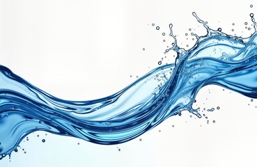 Poster - Dynamic blue water swirl, splash isolated on white background. Liquid flows in wave pattern with small bubbles. Visually appealing abstract design. Perfect for water theme products eco concept.