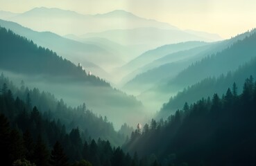  Misty mountains in morning light. Thick fog envelops forest-covered hills. Sunlight filters through the mist. Peaceful and serene nature scene. Picturesque view of misty mountain range.