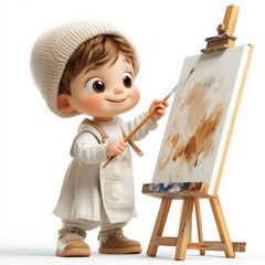 3d kid doing a painting, on white background 