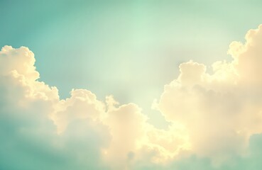 Poster - Retro sky background with soft pastel colors. Fluffy clouds form interesting shapes against light teal sky. Soft light creates vintage feel. Perfect for vintage posters retro-themed designs. Image