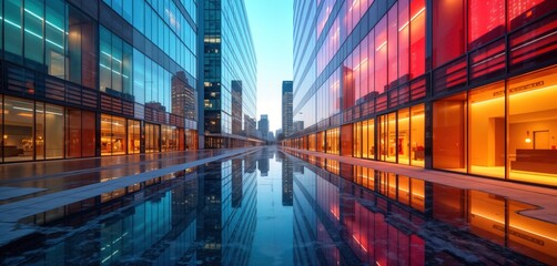 Poster - Modern glass buildings reflect in courtyard. Urban setting. Colorful reflections show vibrant city scene. Business district. Commercial buildings. Modern architecture style. Generative AI design.