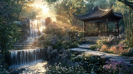 Poster - Serene sunrise in a lush garden with a traditional gazebo and waterfall.