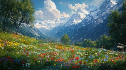 Wall Mural - Vibrant wildflowers bloom in a lush alpine meadow, with snow-capped mountains in the background under a bright, sunny sky.