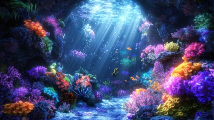 Wall Mural - Vibrant underwater coral reef scene with sunbeams.