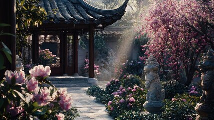 Wall Mural - Serene Asian garden with flowering plants, pagoda, and stone statues at sunrise.