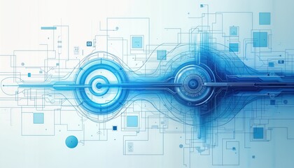 Poster - Abstract tech illustration shows complex interconnected system. Futuristic design with flowing lines, circles. Blue elements suggest innovation, progress. Integrated components suggest sophisticated