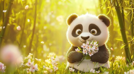 Wall Mural - Adorable cartoon panda holding flowers in a bamboo forest.