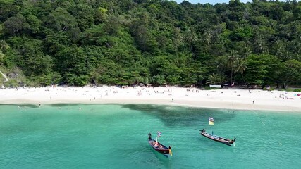 Canvas Print - Long tail boats along the ocean shoreline, Thailand