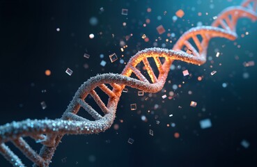 Poster - Artistic illustration of DNA strand breaking into fragments information flow in genetic network. Molecular fragments flying in space. Visual representation of genetic process. Scientific tech