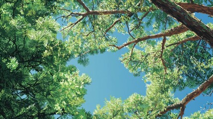 Wall Mural - Looking up at lush green tree canopy against a vibrant blue sky.