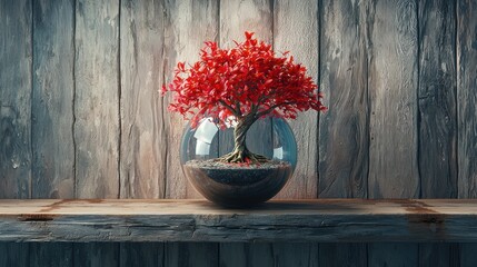 Wall Mural - Red bonsai tree in a glass sphere on wooden shelf.