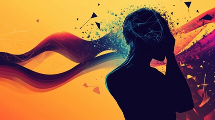 Poster - Illustration of a person experiencing discomfort with abstract waves and geometric shapes depicting the sensation of pain. Generative AI