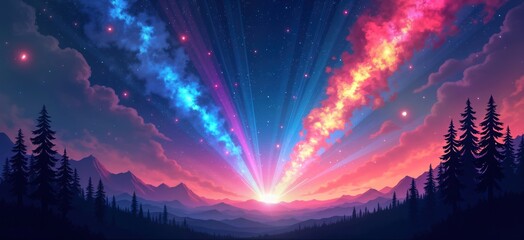 Poster - Stunning sunrise paints sky with vibrant colors. Celestial explosions illuminate space. Mountains, forest silhouettes frame landscape. Cosmic energy beams streak across universe. Explosion of light,