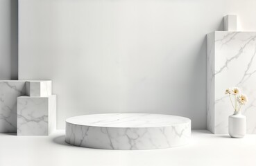 Aufkleber - White marble geometric forms create minimalist podium display. Blank pedestal showcase scene ideal for presenting products mockups. Modern, luxurious design. Empty stage for product display. Simple,