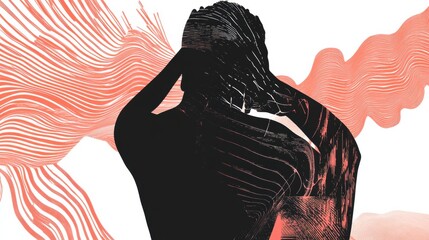 Aufkleber - Person experiencing discomfort surrounded by abstract forms and colorful waves representing mental and physical pain. Generative AI