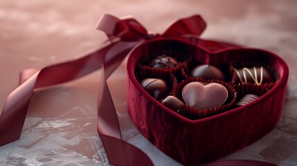 Canvas Print - A romantic red velvet heart-shaped box with chocolates, elegantly wrapped in a satin ribbon