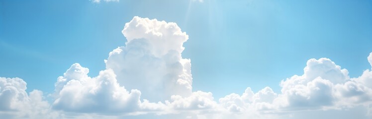 Poster - Bright sunny day with big fluffy white clouds on clear light blue sky. Perfect for website background wallpaper. Panoramic view of beautiful sky. Beautiful natural light. Ideal for summer. Scenic