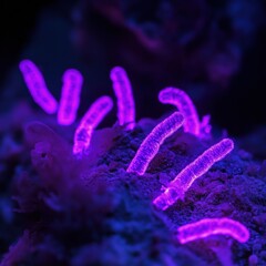 Leinwandbilder - Glowing bacteria emit vibrant light in a dark environment during a UV exposure at night. Generative AI