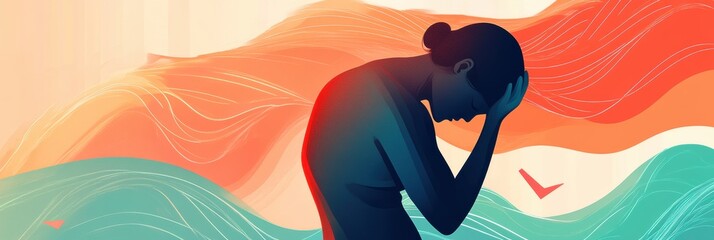 Leinwandbilder - Person experiencing emotional distress amid abstract waves and sharp shapes symbolizing pain and struggle. Generative AI