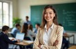 © Pete - Young female teacher stands in classroom. Students sit, move. Positive expression on face. Modern learning environment. Formal attire. Focus on teacher, students. Daytime setting. Formal school