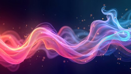 Poster - Dynamic abstract smoke waves in vivid colors flow smoothly. Colorful energy shapes create futuristic, vibrant background. Fluid motion suggests energy magic. Cool design element. Glowing particles