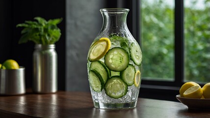 Wall Mural - A glass carafe filled with water, infused with cucumber slices, lemon, and mint leaves.