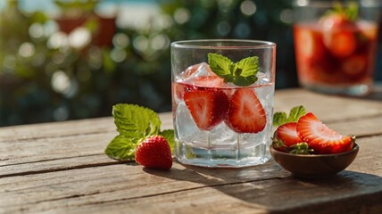 Wall Mural - A clear glass filled with ice cubes containing frozen fruit pieces (lemon