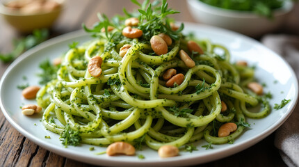 Wall Mural - A plate of zucchini noodles with pesto sauce, garnished with microgreens and cashew nuts. 