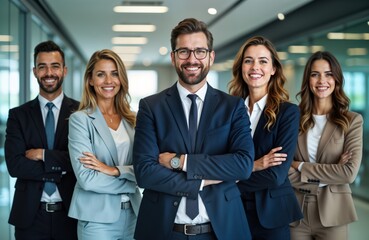 business people stand in row. they are in modern office. they are wearing business suits. they are s