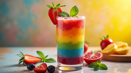 Wall Mural - A tall transparent glass filled with layered rainbow smoothies 