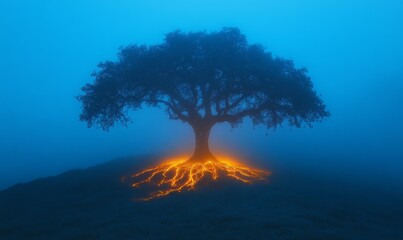 Sticker - A solitary tree with glowing roots on a foggy hillside.