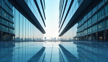 Aufkleber - Modern futuristic office building. Low angle view. Glass facades reflect city. Empty courtyard. Empty space. High rise buildings. Abstract. Contemporary design. Business, commercial. City scape.